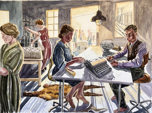 At the office of the Shipping Department, 150 x 200 cm, watercolours and coloured pencil on paper