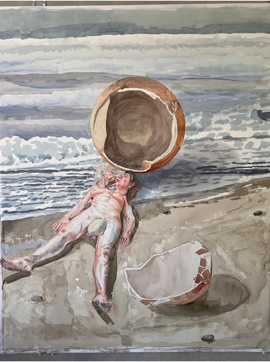 coloured pencil and watercolours on paper, 150 x 120 cm.