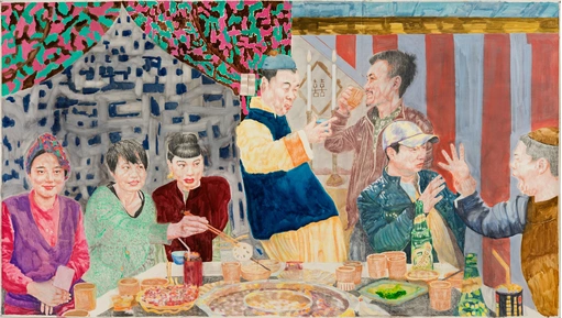 Hot Pot with Shuming and the Bachelor from 1937, coloured pencil and watercolour on paper, 185 x 330 cm, 2015.