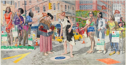 Travel 1 (Me, T.More and "the Flappers), coloured pencil and watercolour on paper, 150 x 286 cm. 