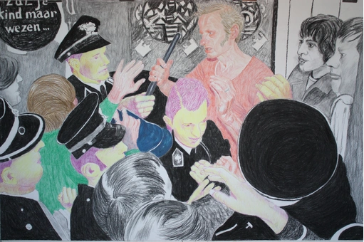 Re-Enactment, June 4th, 1970, charcoal and coloured pencil on paper, 125 x 191 cm, 2012.